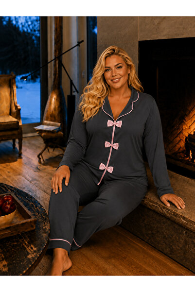 ELİTOL Bamboo Knitted Bow Tie Long Sleeve Smoked Plus Size Women's Pajama Set