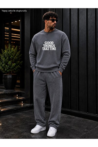 caddekombin Men's Good Things Take Time Typography Printed Crew Neck Regular ...