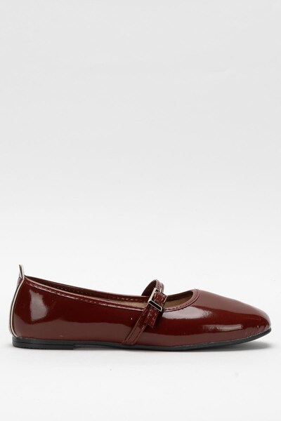 Jagulep Belt Detail Patent Leather Women's Ballerina Shoes Bordo