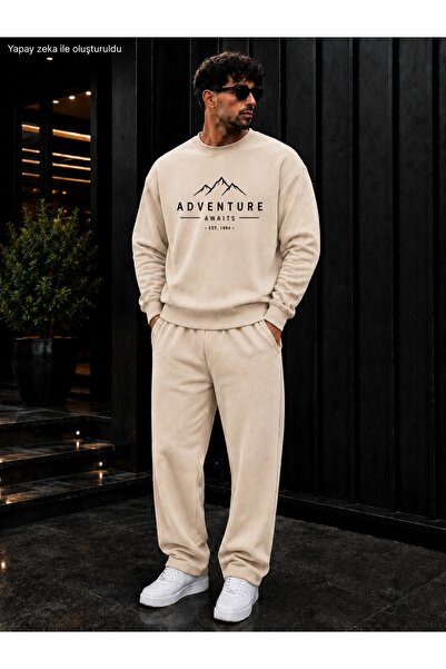 caddekombin Men's Adventure Await Mountain Patterned Typography Printed Crew ...