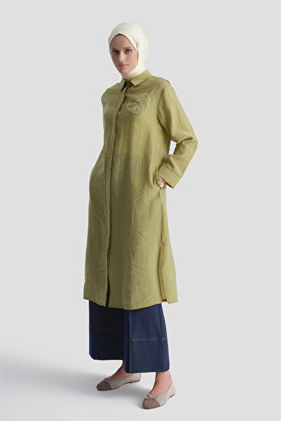 Armine Flower Embroidered Tunic in Mold Green