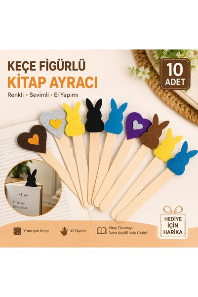 Genel Markalar 10’lu Keçe Figürlü Kitap Ayracı Seti – Renkli Tavşan ve Kalp T...