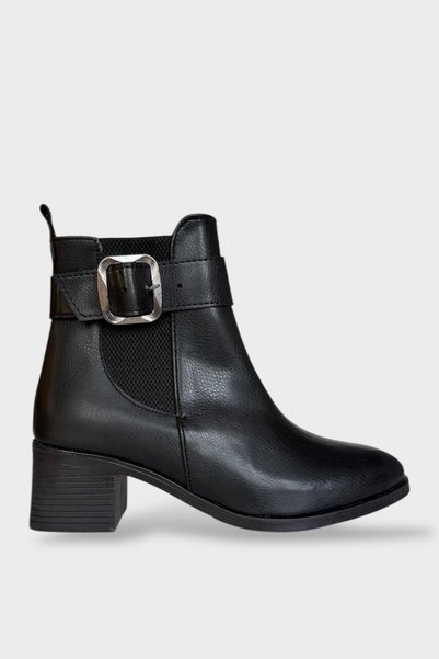 Jagulep Buckle Detailed Thick Heel Pointed Toe Women's Boots Black