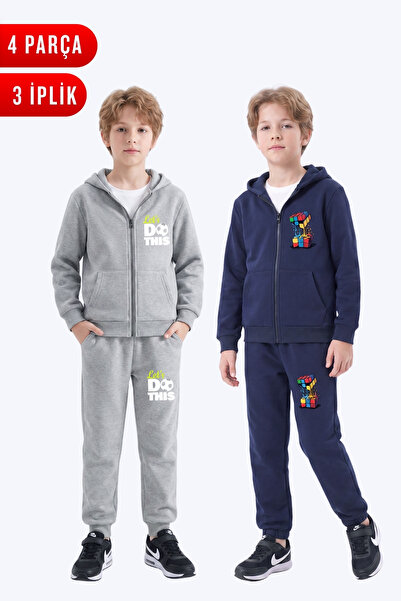 FYK KİDS 3 Thread Printed Boys' Zippered Hooded 2-Piece Tracksuit Set 4 Pieces