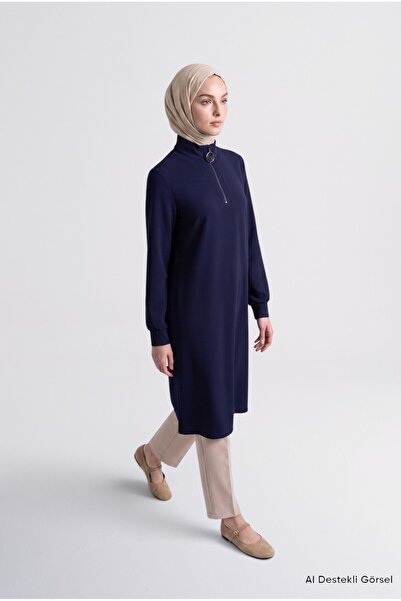 Armine Zipper Detailed Basic Tunic Navy Blue