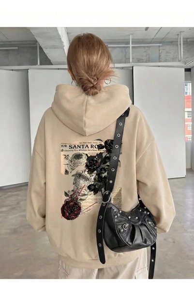 ZAVIXO Kadın Sweatshirt 3 İplik Şardonlu Kapüşonlu Oversize Bordo Çiçek Baskı...