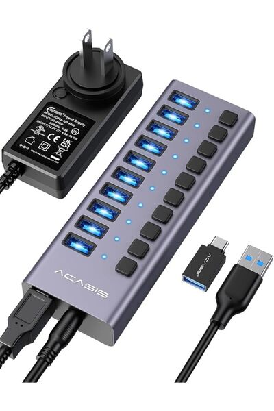 Acasis Powered 10 Ports USB 3.2 Hub, 10Gbps Data Transfer, 48W Adapter