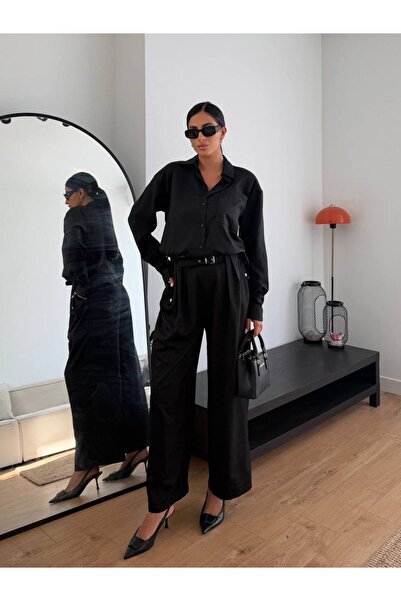 FLOWERİNG Women's Black Belted Shirt and Trousers Two-Piece Set