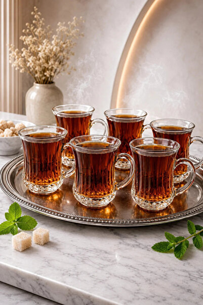 YzHome 6 Lı Cam Kulplu Çizgili Çay Bardağı Bardak 120ml