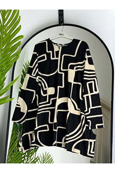ÖZNE BUTİK Plus size women's 100% cotton patterned bicycle neck combed tunic