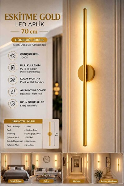 Betül Home Design Eskitme Gold Gün Işığı 70 CM Led Duvar Aplik 1 Adet Pilli K...
