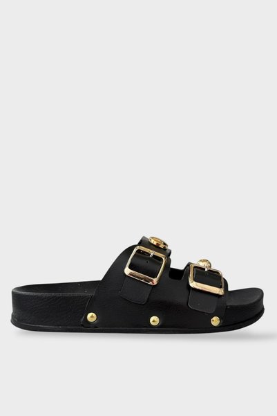 Jagulep Double-Strapped Buckle Detailed Women's Slippers Black
