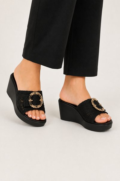Jagulep Knitted Buckle Wedge Heel Women's Slippers Black