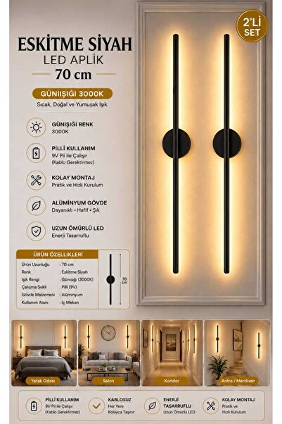 Betül Home Design Siyah Gün Işığı 70 cm Led Duvar Aplik 2 Adet Tekli | Pilli,...