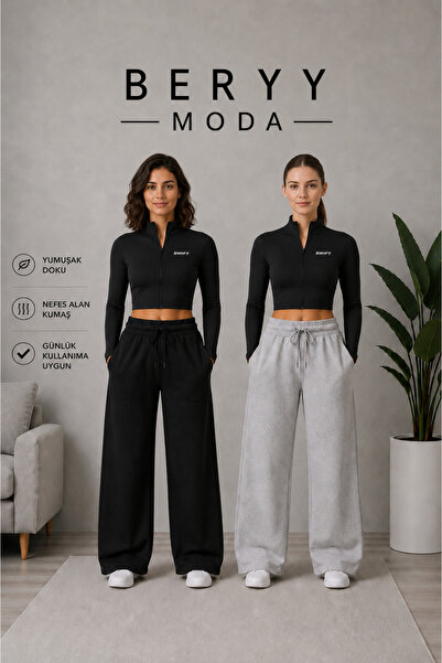modlux 2'li Siyah Gri Kadın Esnek Bel Eşofman Altı - Bol Paça Günlük Spor Eşo...