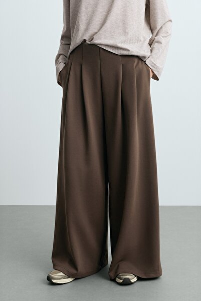 Oysho Pamuklu piqué wide leg uzun pantolon