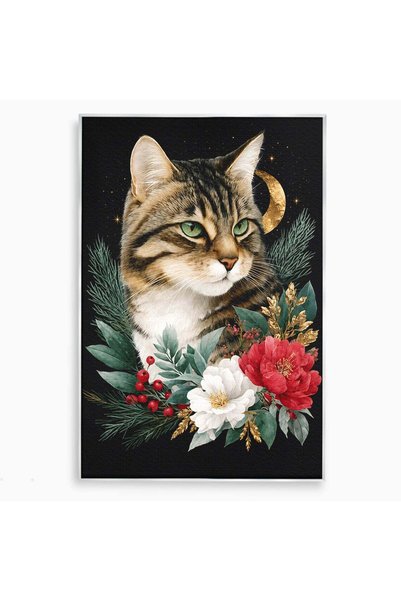 Luxcanva Tablou Canvas Pisica Sub Luna 80x120 cm cu Rama Argintiu Pisica Luna...