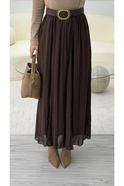 My Blog Brown Lace Detailed Pleated Skirt - 2Y3371