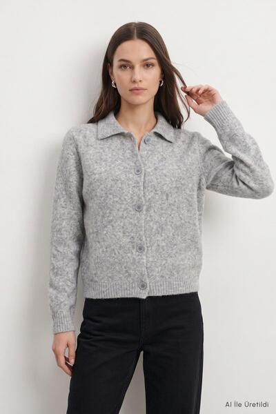 Rays Cardigan cu guler tip cămașă 00104 Gri Melange