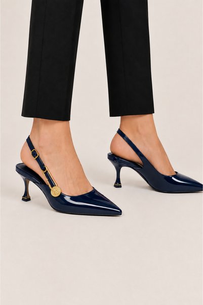 Jagulep Pointed Toe Heeled Women's Sandals with Hairpin Detail (8cm) Dark Blue