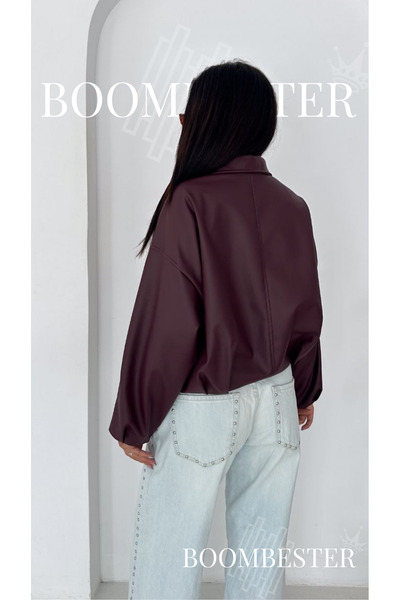 BoomBester Jachetă bomber neagră oversize din piele artificială pentru femei |   Detaliu curea Premium