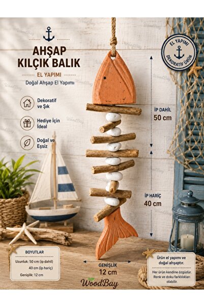 WoodBay Ahşap Kılçık Balık Duvar Süsü 45x12 cm Deniz Taşlı El Yapımı Marin Dekor