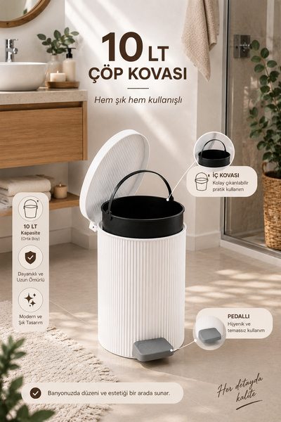 Porsima 0706-1 Still 10 Litre Pedallı İç Kovalı Çöp Kovası – Beyaz Yuvarlak B...