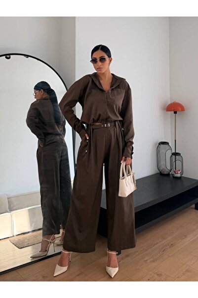 FLOWERİNG Women's Brown Belted Shirt and Trousers Two-Piece Set
