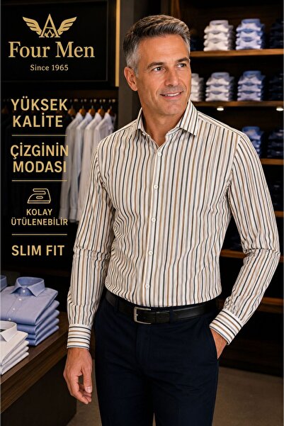 Beyome Men's Striped Slim Fit Shirt Long Sleeve Cotton Classic Stylish Shirt