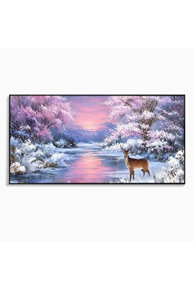 Luxcanva Tablou Canvas Cerb In Peisaj De Iarna 140x70 cm cu Rama Negru Cerb I...