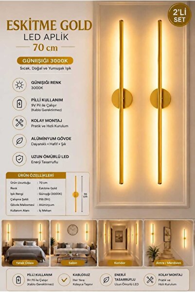 Betül Home Design Eskitme Gold Gün Işığı 70 cm Led Duvar Aplik 2 Adet Tekli |...