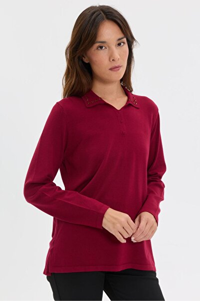 Desen Triko Women's Polo Collar Beaded Embroidered Lycra Blouse V.Çürüğü