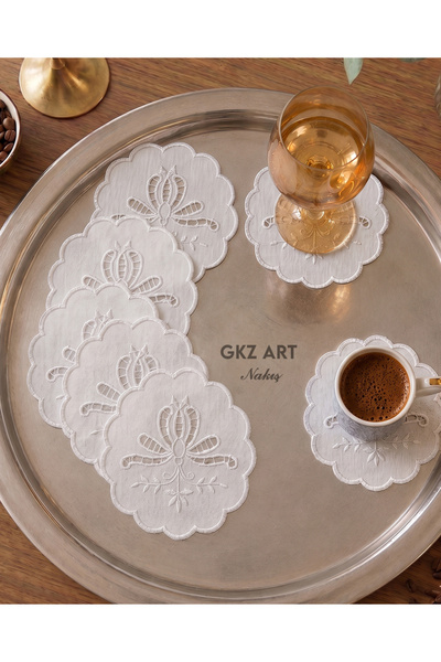 gkzglass home dekor 6 Pieces of Linen Fabric with Embroidery on the Bottom, Coffee Side Cocktail Napkins & Coaster Presentation Napkins