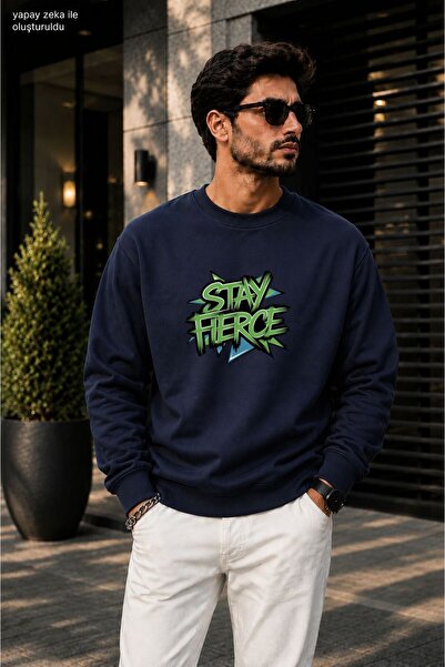 caddekombin سويت شيرت رجالي من Stay Fierce مطبوع عليه جرافيتي وياقة دائرية وت...