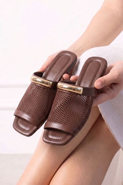 FUGA MODA Lumis Brown Mesh Stylish Women's Daily Slippers with Gold Accessories