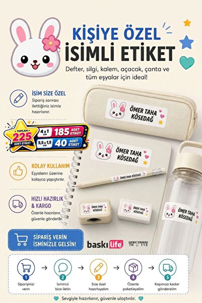 Baskı Life Pro Kişiye Özel İsimli Okul Etiketi 225 Adet Defter Kalem Çanta Su...