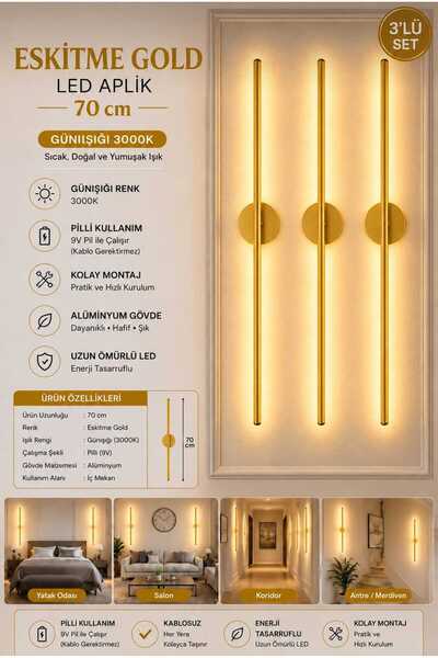 Betül Home Design Eskitme Gold Gün Işığı 70 CM Led Duvar Aplik 3 Adet Pilli K...
