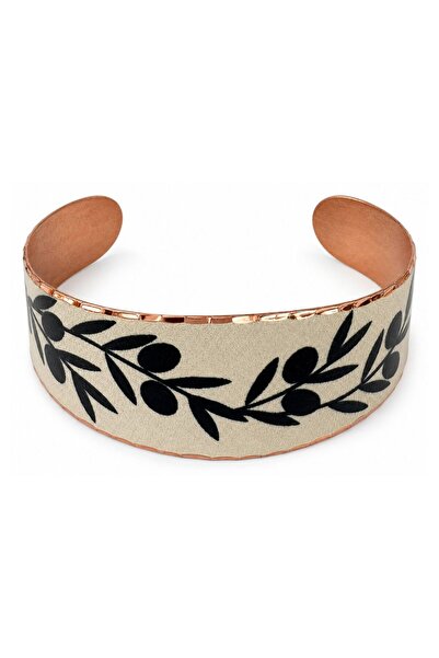 Erol Bakır Black and White Evil Eye Leaf Wide Form Thick Copper Bracelet, Han...