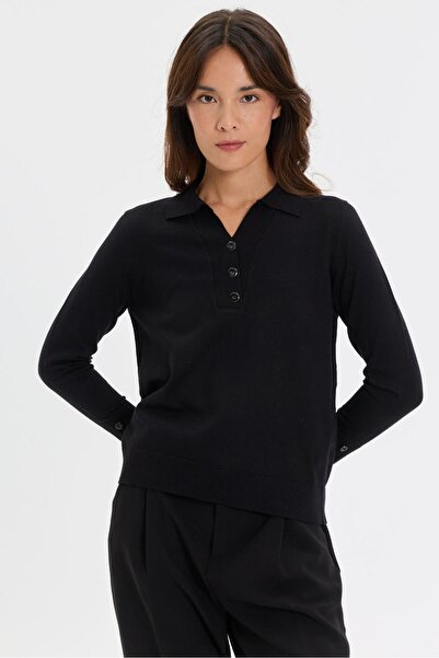 Desen Triko Women's Polo Collar Knitwear Blouse with Buttons on Front and Sle...