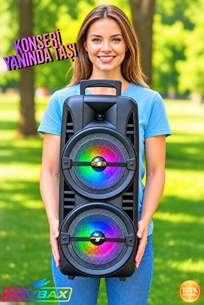 SOONBOX Çift 8 İnç Bluetooth Hoparlör RGB Işıklı Kablolu Mikrofonlu USB TF FM...