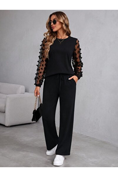 Viyamo Women's Long Sleeve Crew Neck Tulle Viscose Two-Thread Blouse and Trou...
