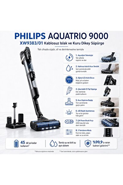 Philips XW9383/01 AquaTrio 9000 Serisi Kablosuz Islak ve Kuru Dikey Elektrikl...