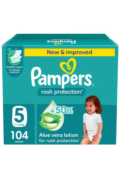Pampers حفاضات مقاس (5) للحماية من الطفح الجلدي مع أشرطة لاصقة 104 قطعة