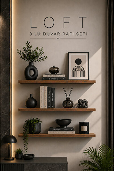 Atlanta Home Loft 3'lü Duvar Rafı Seti 50x12 cm Beyaz Dekoratif Uçan Raf Kita...