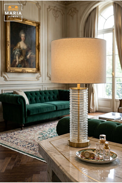 MARIA HOMES Modern Clear Ribbed Glass Table Lamp with Fabric Drum Shade and G...