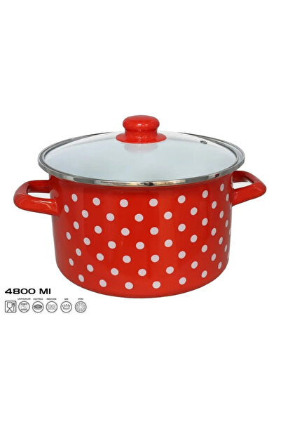 NN Oală cu capac, din oțel/emailat/sticlă, 24 x 14 cm, 4,8 L, Roșu cu buline ...