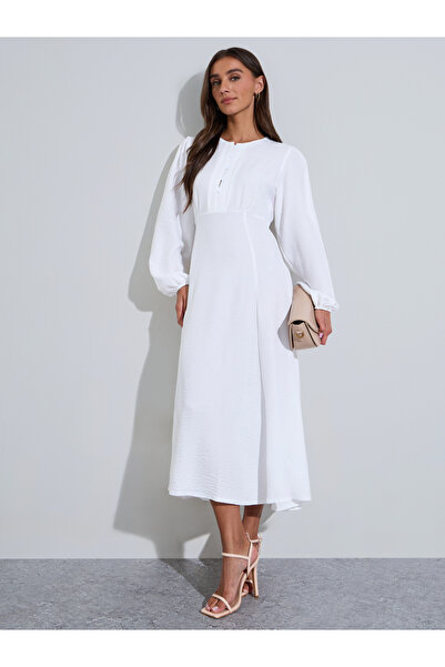 Styli White Solid Button Detail long Sleeves A-Line Midi Dress