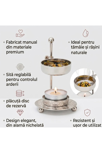 Shamanics Arzator aromaterapie din alama nichelata, cu sita, reglabil pe inaltime, pentru tamaie, plante aromatice si rasini