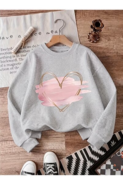Trend Sizde Hanorac unisex roz cu imprimeu inimă și guler rotund