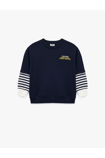 Koton Printed Detailed Crew Neck Long Sleeve Striped Sweatshirt